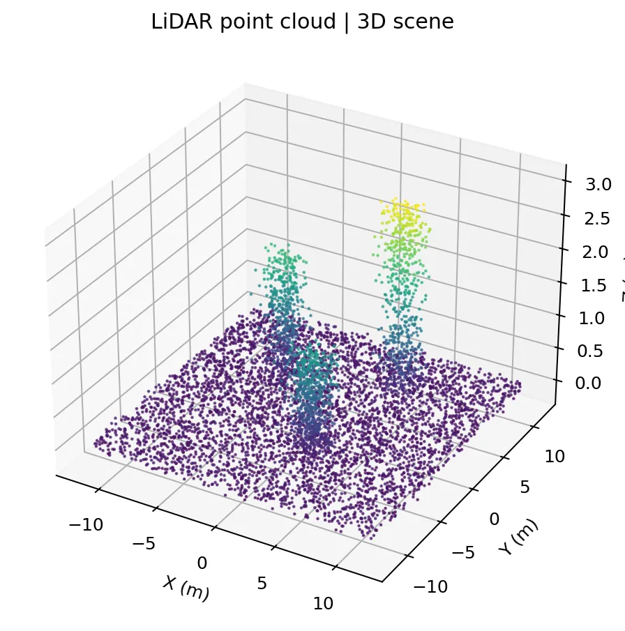 Synthetic 3D LiDAR point cloud showing a flat ground plane and two upright clusters of points